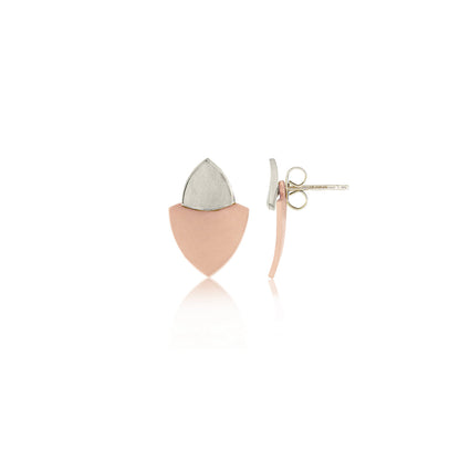 Kate Phipps Jewellery Trillion duo stud earrings silver top 18 carat rose gold plated silver lower sectionconcave side out