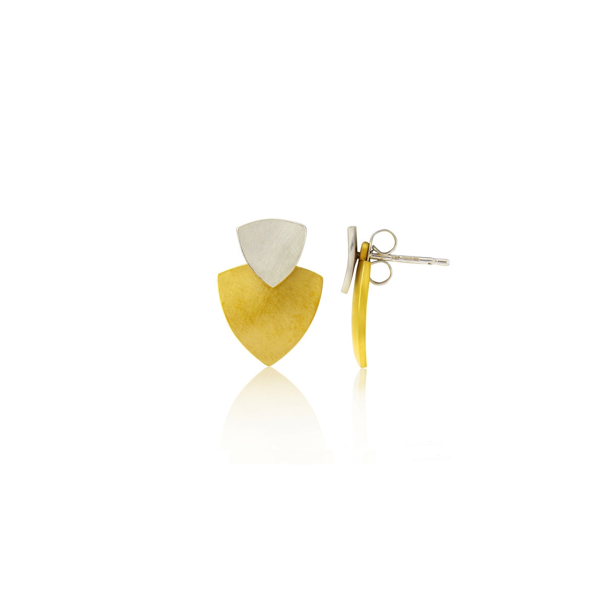 Kate Phipps Jewellery Trillion duo stud earrings silver top 22 carat yellow gold plated silver lower section