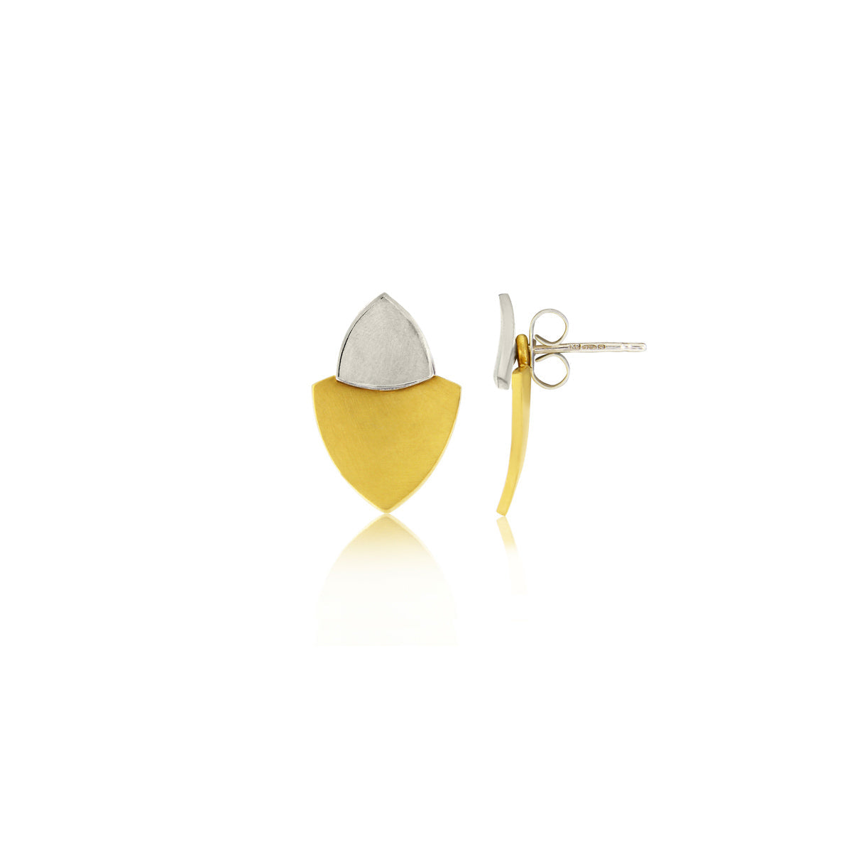 Kate Phipps Jewellery Trillion duo stud earrings silver top 22 carat yellow gold plated silver lower section concave side out