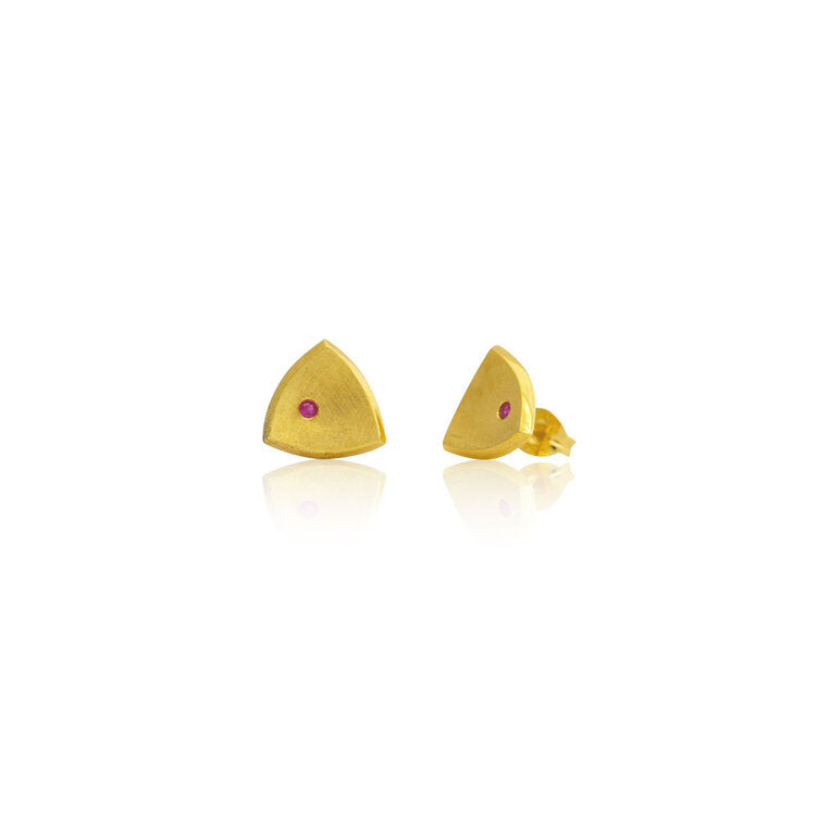 Kate Phipps Jewellery Trillion stud earrings medium 22 carat yellow gold plated silver with rubies